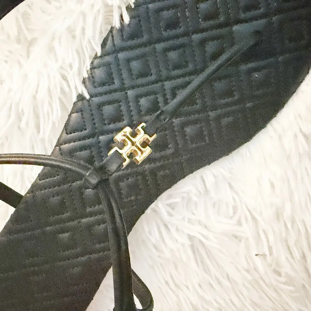 TORY BURCH | Marion Quilted Leather Flat Sandals Black & Gold Ankle Strap | 10